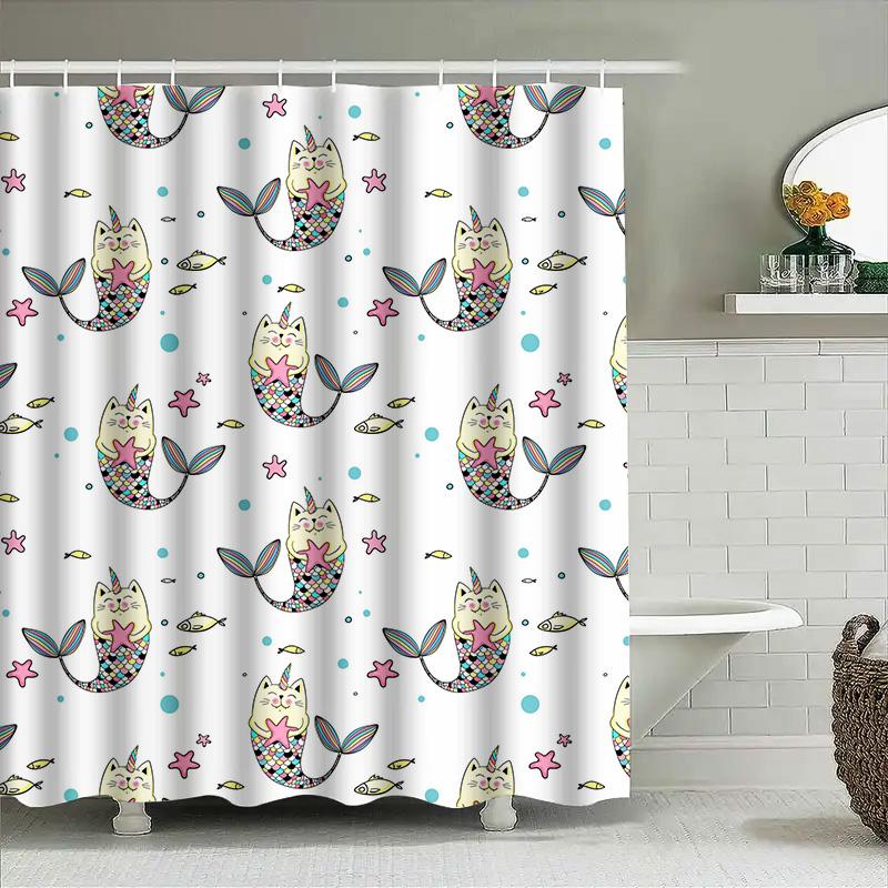 Funky Mermaid Cats Shower Curtain Animal Print Decor for Bathroom Easy Install Hookless Design Waterproof Fabric (White) 90x180cm