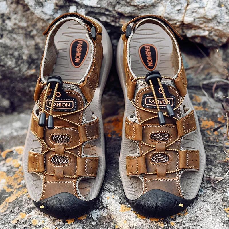 Summer Men Sandals Genuine Leather Men Casual Shoes Outdoor Men Leather Sandals for Men Beach Shoes Roman Shoes Plus Size 38-48