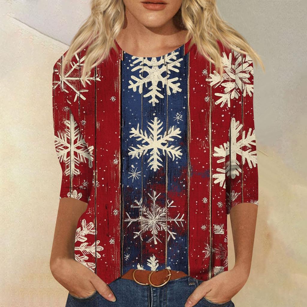 Damenmode, lässiges Oberteil mit sieben Ärmeln und Weihnachtsdruck, Rundhalsausschnitt