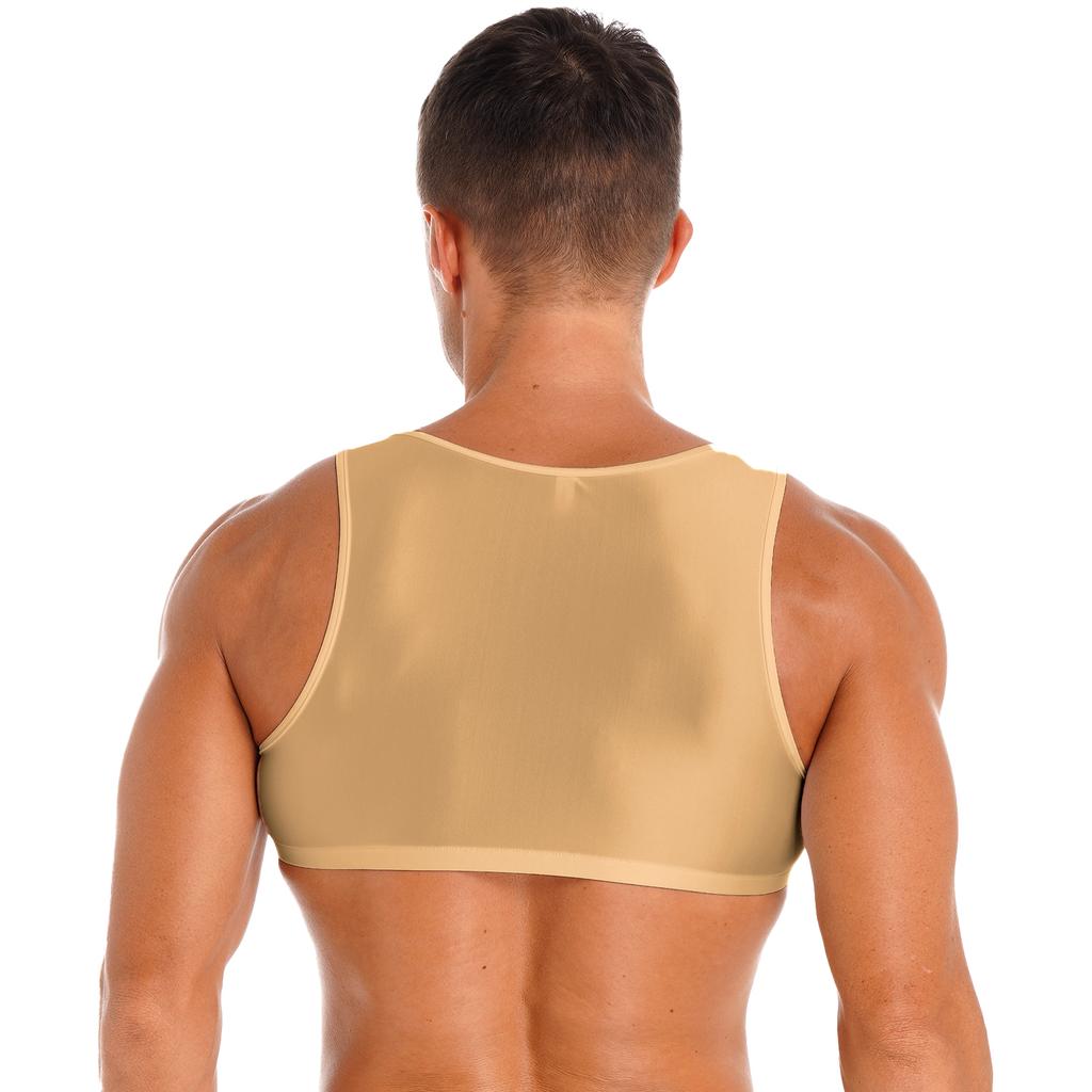 Mens Glossy Vest Cropped Tank Top Sleeveless Design Round Neck Solid Color Swimwear Nightwear Tops