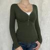 Spring Autumn Slim Fit V-neck Knitted T-shirt Women Buttons Long Sleeved Shirt Solid Color Simple Office Tops Elegant Fashion Casual Women's Clothing