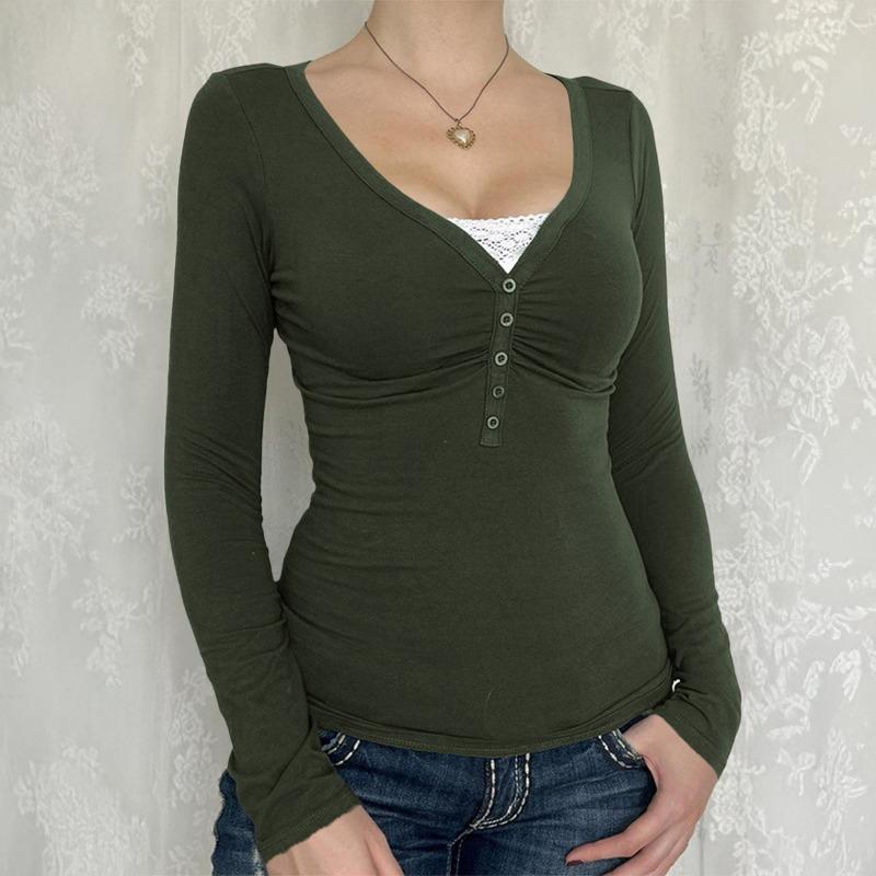Spring Autumn Slim Fit V-neck Knitted T-shirt Women Buttons Long Sleeved Shirt Solid Color Simple Office Tops Elegant Fashion Casual Women's Clothing