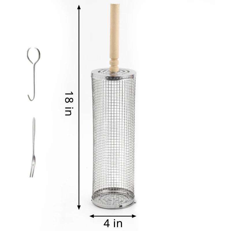 BBQ Basket Stainless Steel Rolling Grilling Basket Set Wire Mesh Cylinder Grill Basket Outdoor Camping Bbq Rack With Wood Handle