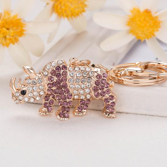 Keychain Pendant 3D Cartoon Rhinoceros Design Sparkling Rhinestones Inlaid Key Chain with Lobster Clasp Key Ring Bags Accessories