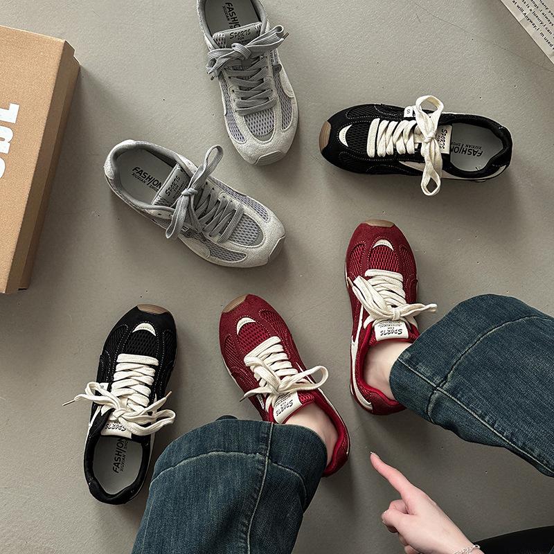 Korean Version of Fashionable Versatile Soft-soled Breathable Casual Sports Shoes Women's Summer Retro Lace-up Splicing Mesh Cotton Forrest Gump Shoes
