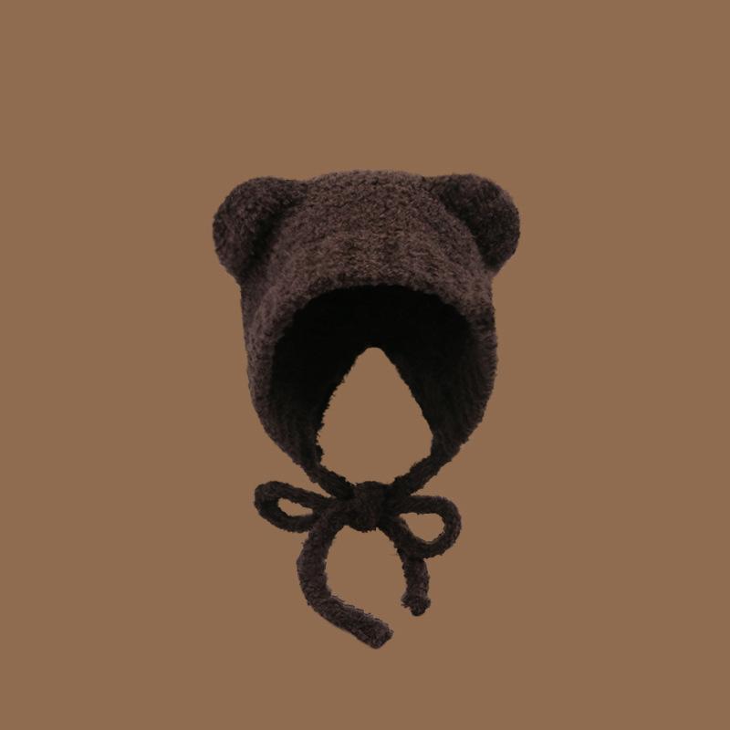 Bear hat women's autumn and winter warm ear protection knitted hat big head circumference show face small bucket hat