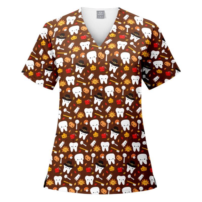 V-Neck Short Sleeve Printed Scrub Suit for Dental Clinics and Hospitals