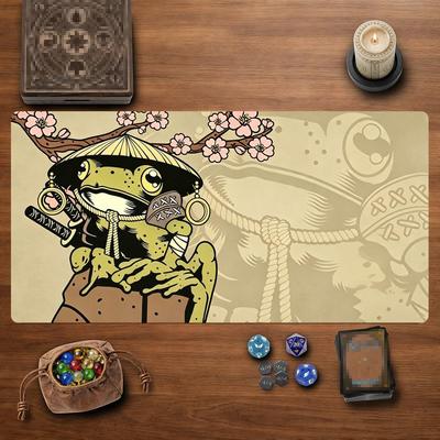 Samurai Frog Card Game Playmat 24"x14" Non‑Slip Rubber TCG Play Mat Ukiyo‑e Style Sakura Mouse Pad Magic The Gathering Desk Mat