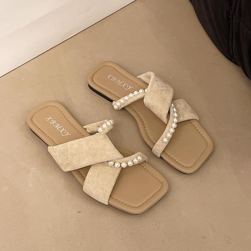 French square head one-word slippers women's wear 2025 summer new with skirt high-end Internet celebrity fashion cool slippers
