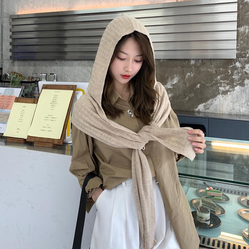 Korean Style Knitted Shawl Scarf Hat Combo - Women's Solid Color Autumn/Winter Cape