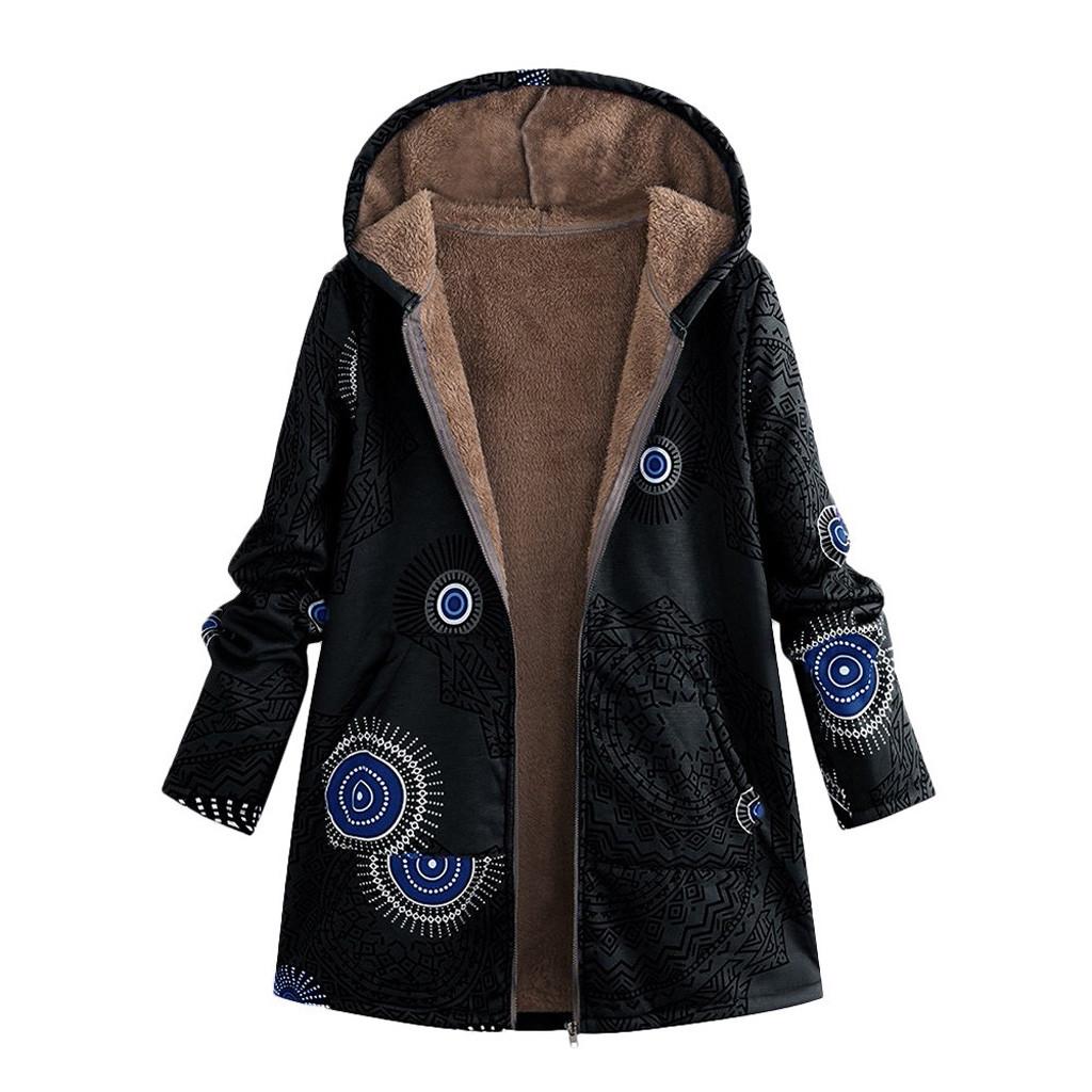 Womens Winter Warm Outwear Print Hooded Pockets Vintage Oversize Coats