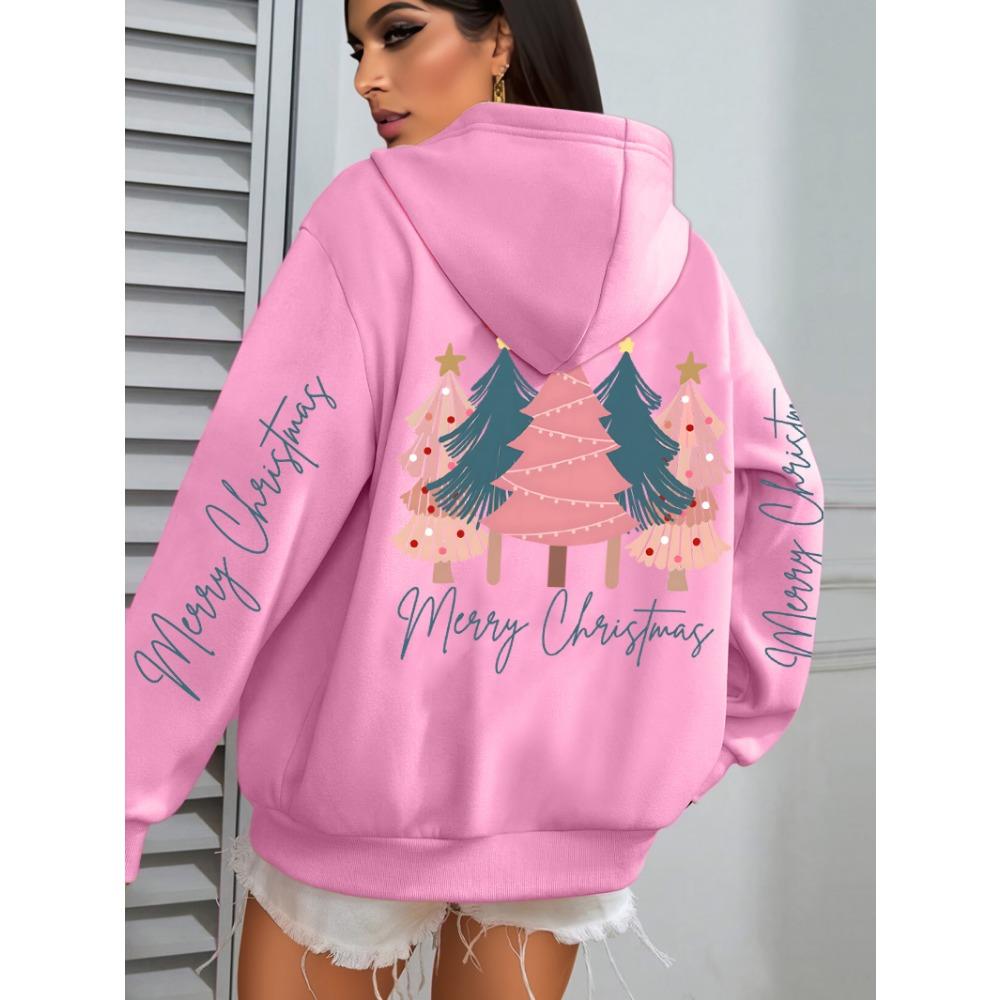 Merry Christmas Beautiful Trees Printing Women Hoodies Loose Hoody All-Match Y2K Pocket Clothing Autumn Casual Streetwear