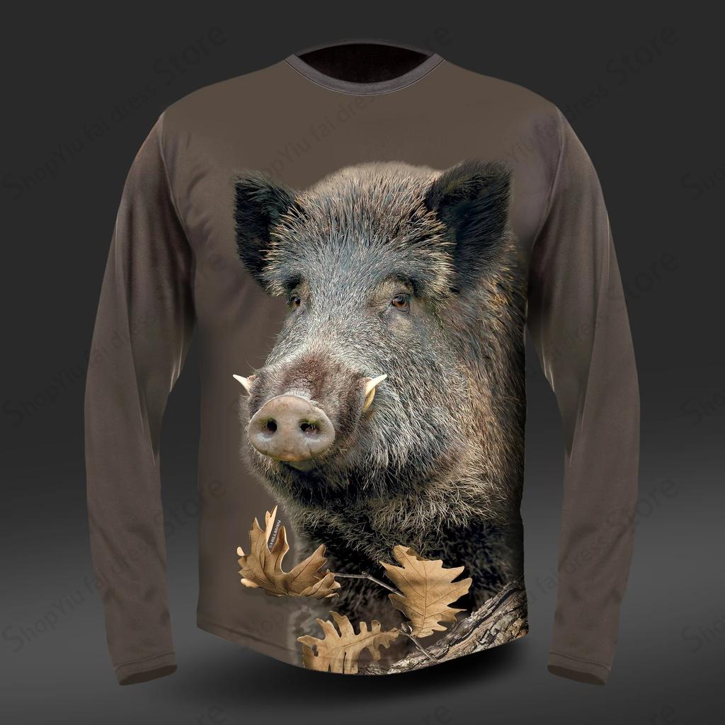 Bear Pig Hunting Animal 3d Print Long Sleeve T-shirt Men Women Fashion Tshirt Camo Camouflage Tops Tees Outdoor Sportwear Tshirt