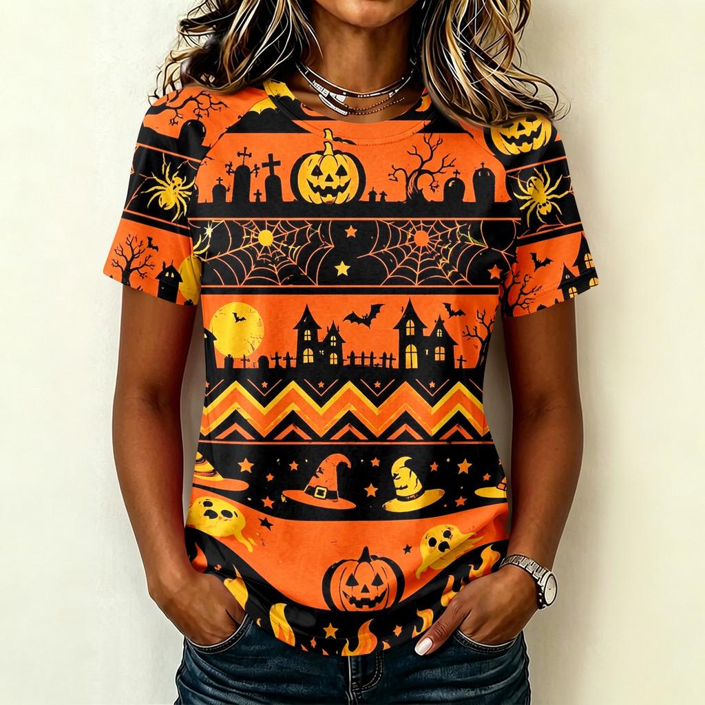Womens Raglan Sleeve Casual T Shirt Halloween Print Short Sleeve Top Crew Neck Comfortable Fit Lightweight Fabric