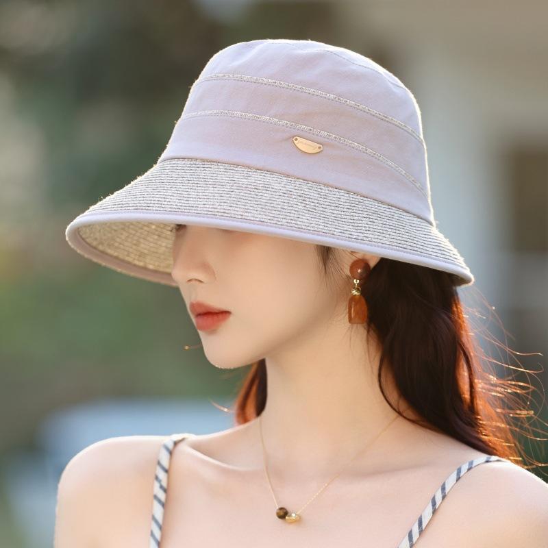 Sun Protection Hat Women'S High-End Sense Elegant Splicing Straw Bucket Hat Outdoor Sun Protection Cover Hat Lafite Straw Hat