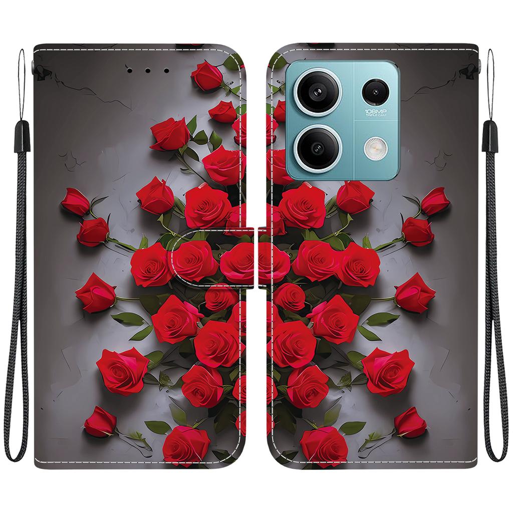 Handmade PU Leather Flip Case for Xiaomi Redmi Note 13 (5G) Anti-Slip Shockproof Cover with Wrist Strap & Heart/Rose Cat Designs