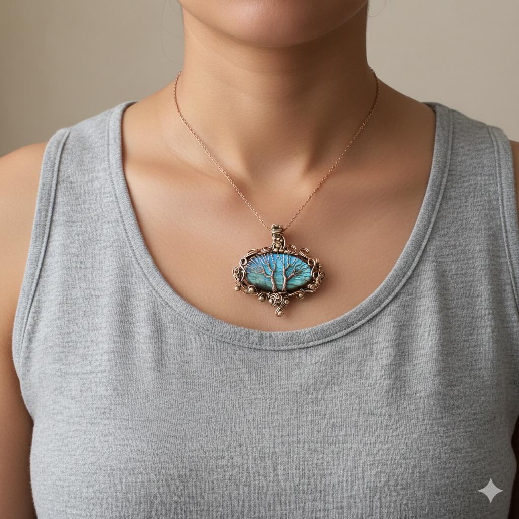 Handmade Tree of Life Pendant Labradorite Gemstone Necklace Copper Wire Wrapped Jewelry Unique Spiritual Gift for Women