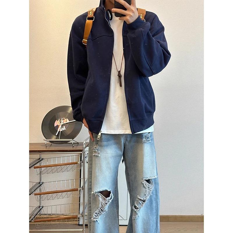 Men's Retro Heavyweight Double-Zip Cross-Collar Hoodie Jacket