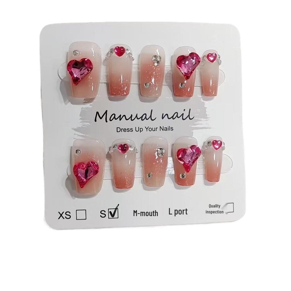 Rose Red Heart Wearable Nails Set: 10 Asymmetrical, Short, Brightening, 3D Fashion Nails for a Girlish Look