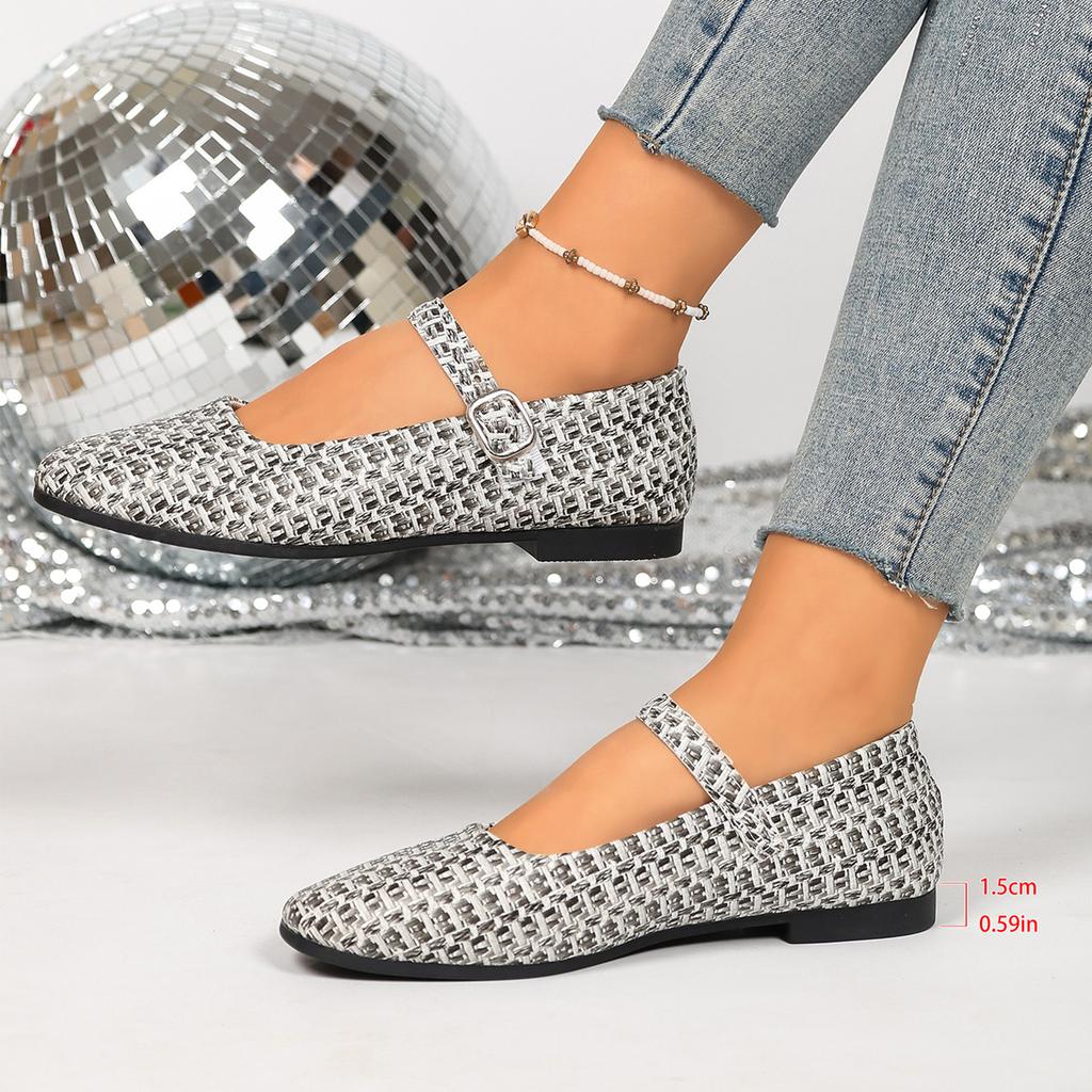 Women's Flat Mary Jane Shoes Woven Pattern Hollow Design Adjustable Buckle Strap Comfortable Casual Footwear for Daily Use