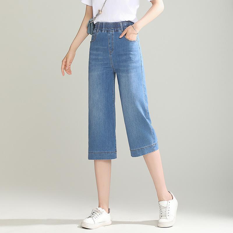 

Женские джинсы прямого кроя с эластичной резинкой на талии, летние свободные повседневные укороченные брюки с широкими штанинами 34 светло-синий