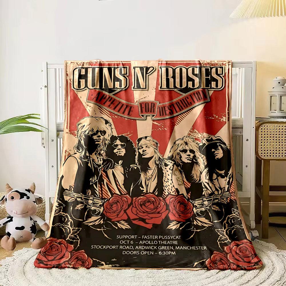 

Stylized band members with roses, guitars, and bold vintage typography. for all seasons blanket lunch break throw gift 80cm x 120cm