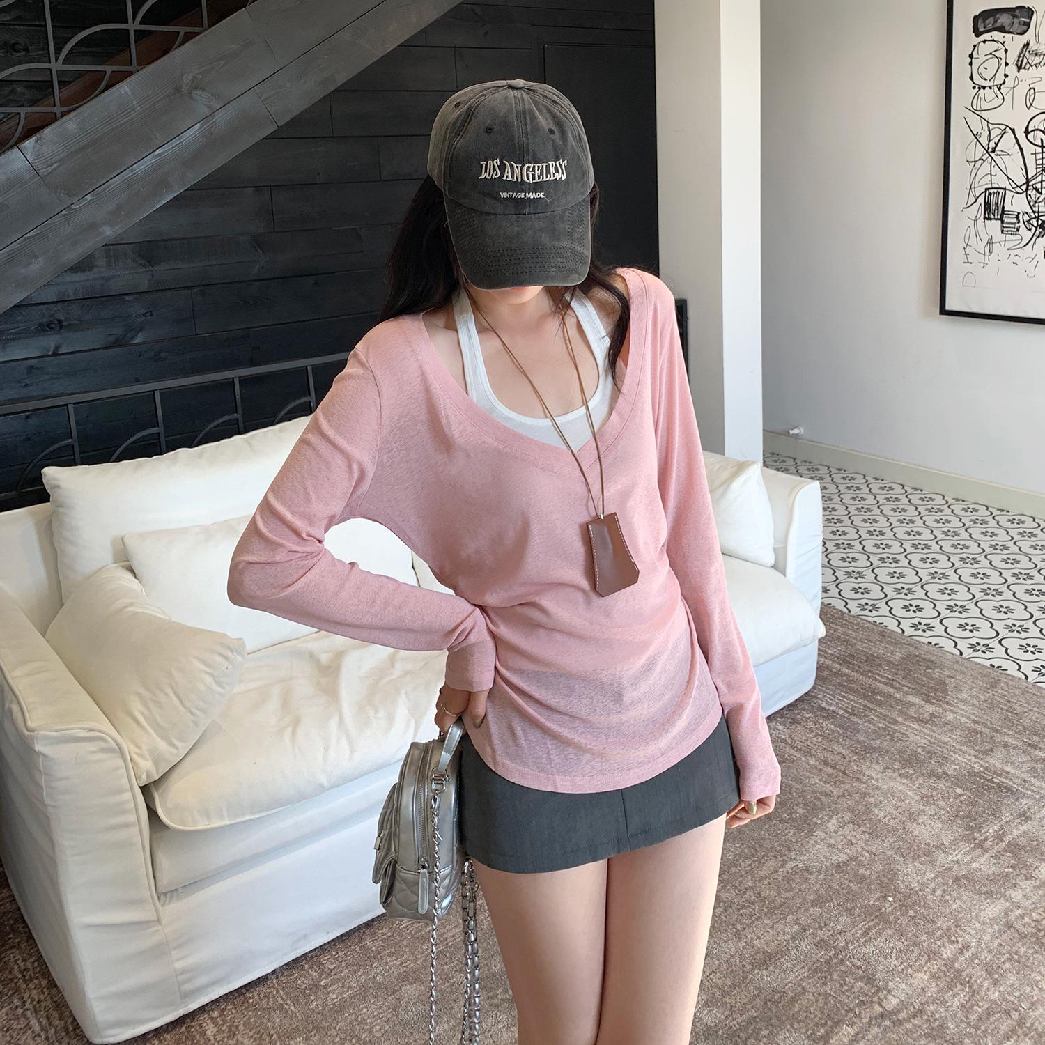 

Korean Style Two-Piece Look Slimming Lace-Up Long-Sleeve Top for Women - Autumn/Winter Collection Extra Large розовый