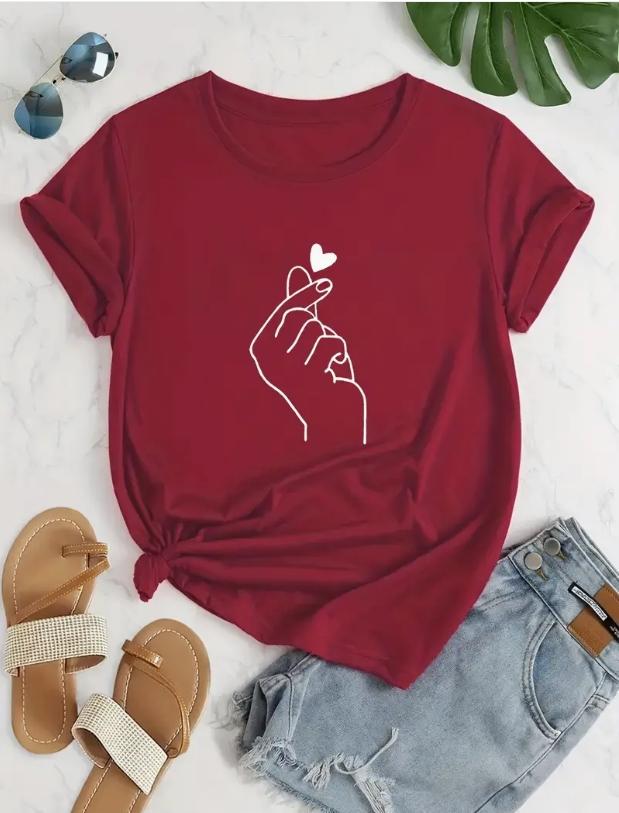 Fashion Women Simple Fingers Compared to Heart Print T Shirt Funny Casual O-neck Short Sleeves T-shirt Summer Female Tee Shirt