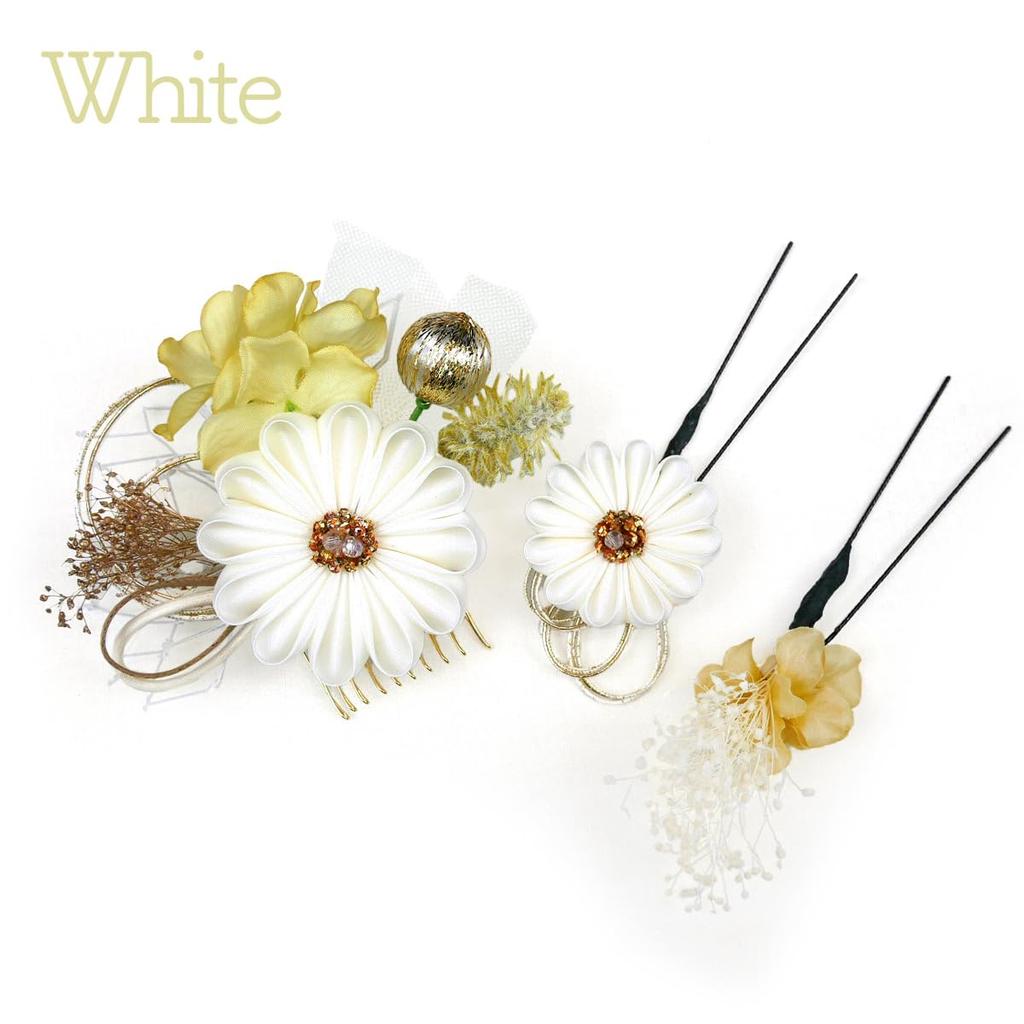 Hair Ornament and Flower Kanzashi Hair Accessories for Furisode and Ceremonies Two-Piece Set, Tsumami-zaiku (kk-008), White, Purple, Blue,