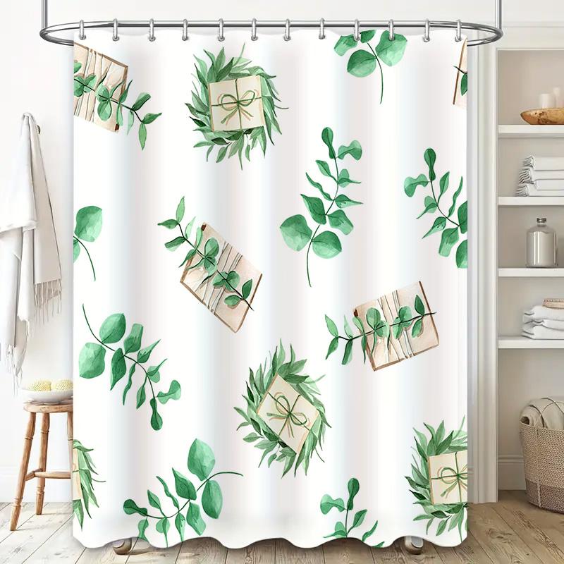 Green Leaves Books Shower Curtain Waterproof Home Decor Fabric Bathroom Wall Hanging White 3D Printing Customizable Size Availab