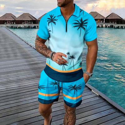 Men's Summer Printed Zipper Lapel Short Sleeve Top Shorts Suit Men's Casual Sports Suit
