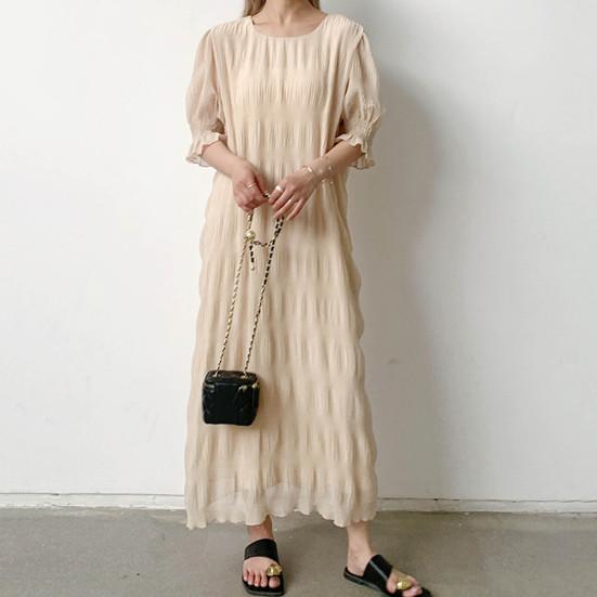 Lady Summer Dress Short Lantern Sleeves Chiffon Textured Loose Patchwork Ruffle Solid
