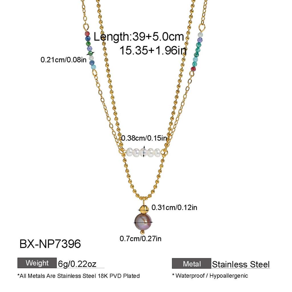 European & American Double-Layer Gray Purple Pearl Necklace, Titanium Steel, Colorfast, 18K Women's Luxury Layered Commuting Accessory