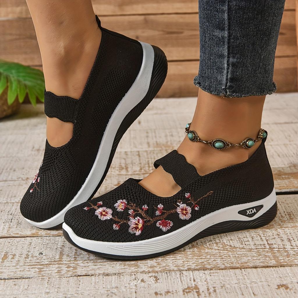 Women's Casual Slip-On Sneakers, Black, Green,   Grey and Maroon; Lightweight Low Top Sneakers with Cute Round Toe & Floral Design for All Seasons