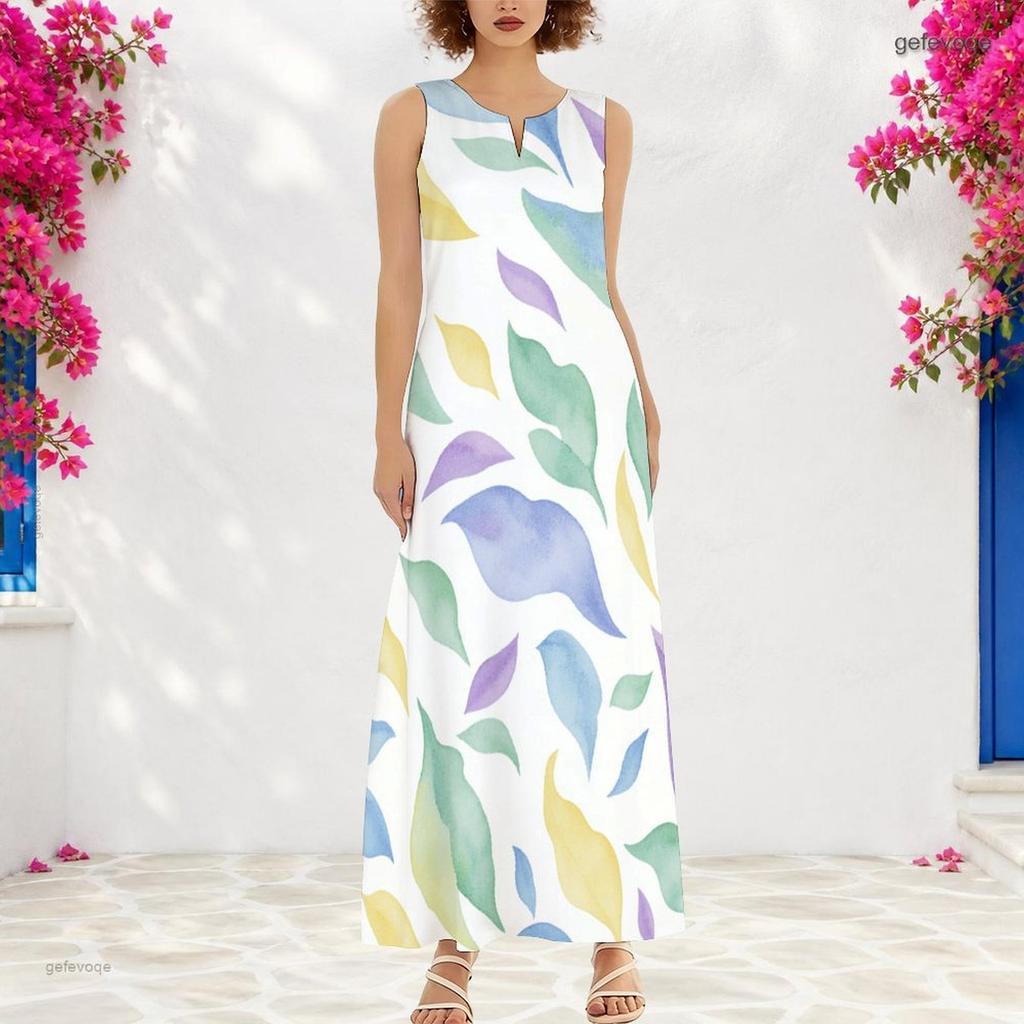 Women Plus Size Notch Neck Sleeveless White Blue Yellow Floral Printed A Line Long Maxi Dress