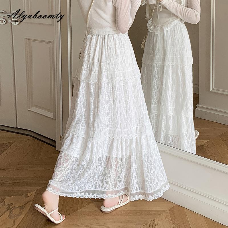 Fairycore Autumn Winter Women White Maxi Long Lace Skirt Elastic Waist Floral Embroidery Delicate Skirt Elegant Feminine Ladies' Basic Skirts