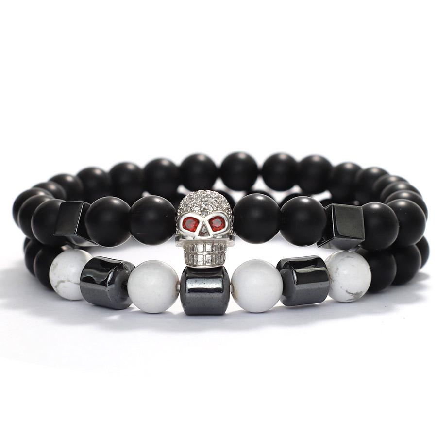 2Pcs Men Skull Bracelet Set Natural Hematite Turquoise Onyx Beaded Braclet Hip Hop Rock Riding Male Wrist Guard Accessories