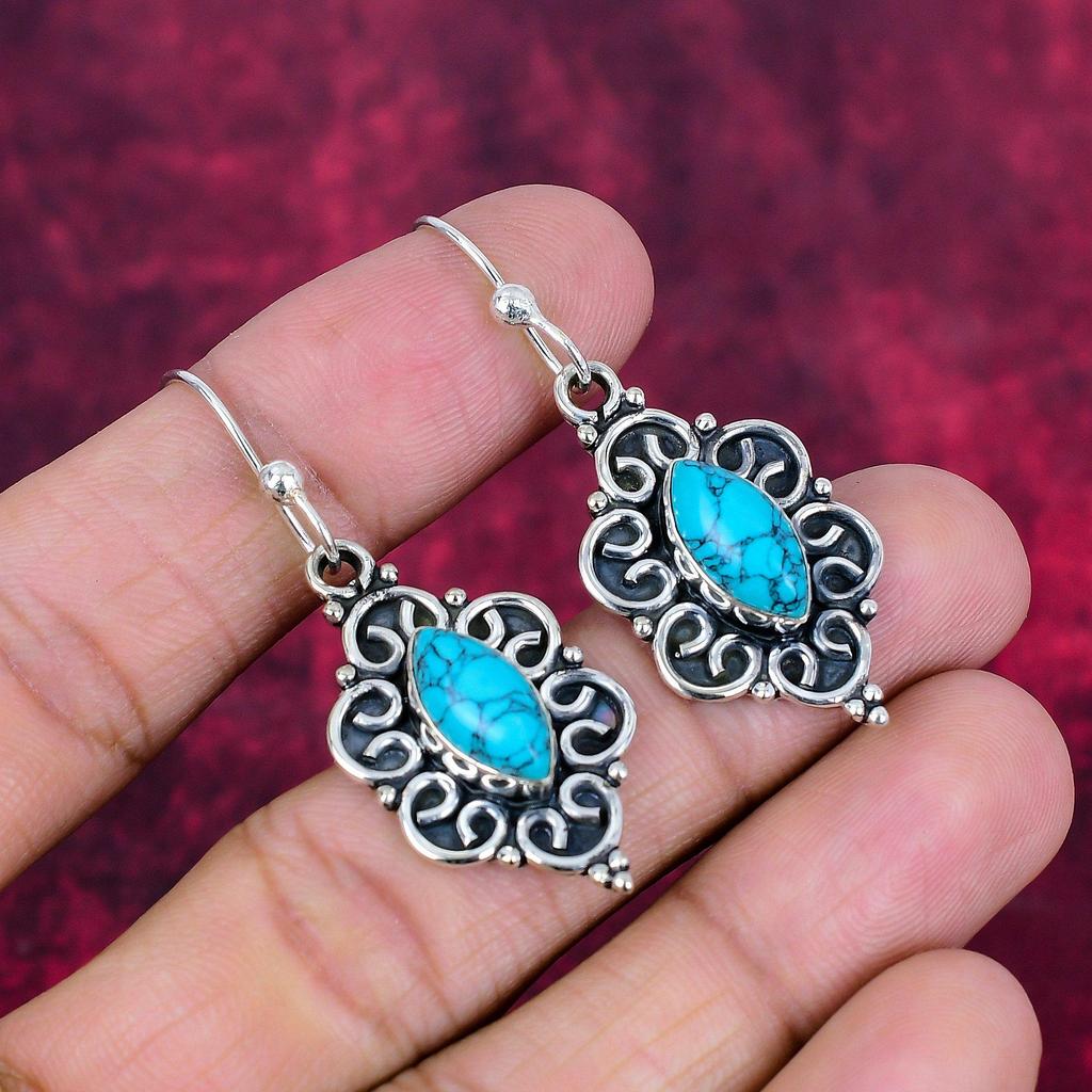 Ręcznie robione kolczyki z kamieniami szlachetnymi z turkusu arizonańskiego, kolczyki z litego srebra próby 925, antyczna biżuteria, na prezent zaręczynowy