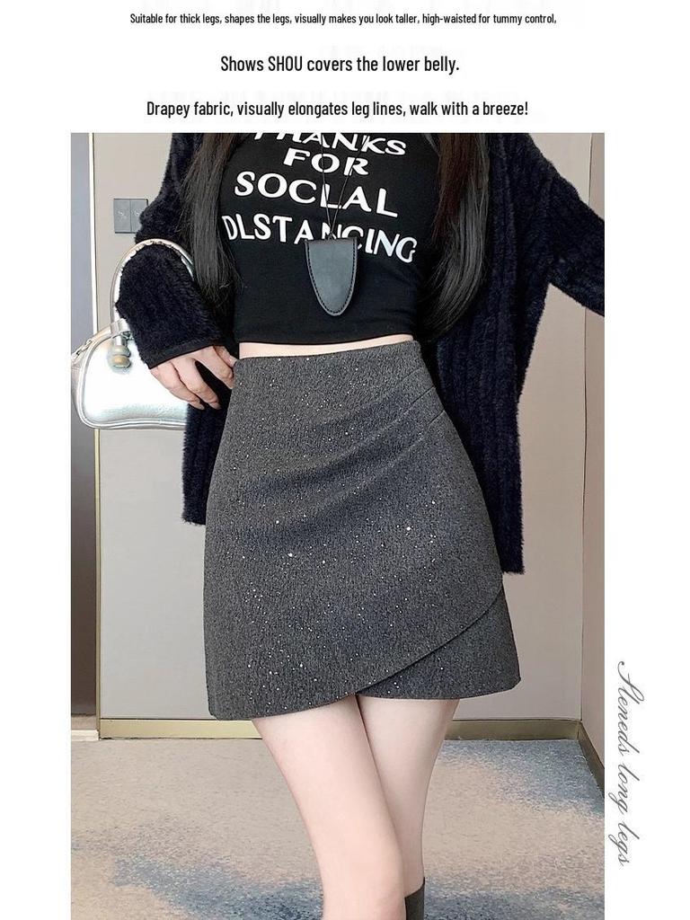 Chic Woolen Sequin A-Line High Waist Skirt - Autumn/Winter 2025 Collection