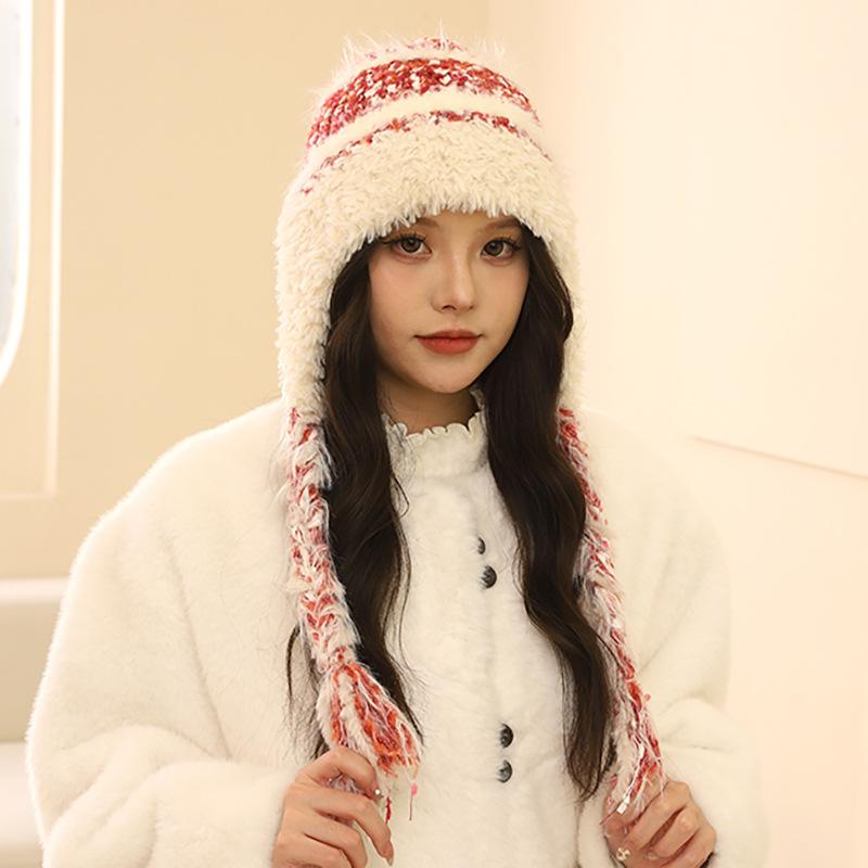 Ethnic Style Striped Splicing Knitted Wool Hat Autumn and Winter Women's Thickened Warm and Cold-proof Ear Protection Pullover Hat Lei Feng Hat