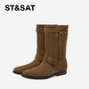 St&Sat/Saturday 2025 New Retro Belt Buckle Mid Heeled Boots Thick Heel Round Head Fashionable Autumn/Winter