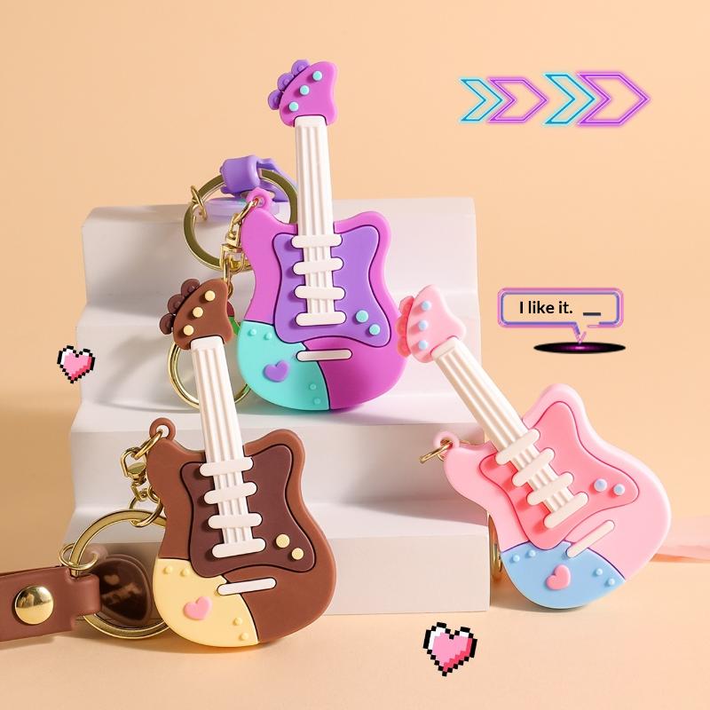 Cute Cartoon Guitar Shaped Silicone Keychain With Wrist Strap Pastel Design For Bag Decor Gifts For Music Lovers