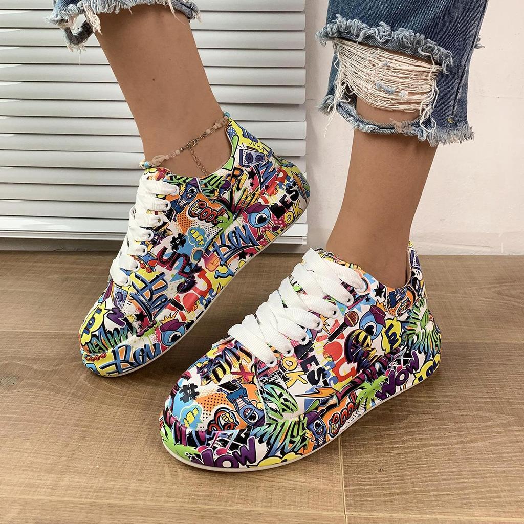 Sportschuhe mit Graffiti-Print für Damen, modische Plateau-Sneaker mit Schnürung und niedrigem Oberteil, lässige Skateschuhe