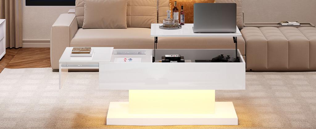 Tavolino da caffè sollevabile ad alta lucentezza, Tavolino da caffè a LED 100x50x45 cm, Piano del tavolo semi-sollevabile con design scorrevole laterale, Sollevamento idraulico e spazio di archiviazione
