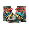 Johnature Genuine Leather Printed Patchwork Color Strapping Thick Heeled Women's Short Boots Mixed Colors Shoes