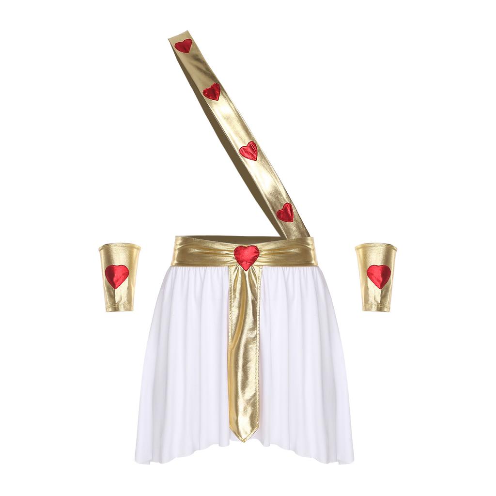 Mens Love God Costume Elastic Waist Contrast Color Heart Design Asymmetrical Skirt Metallic Sash Cuffs Set
