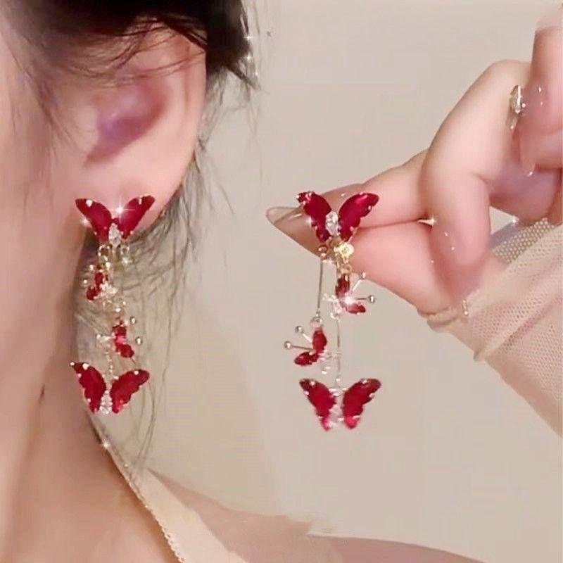 925 Silver Needle Green Red Butterfly Long Tassel Earrings For Women Jewelry Trending Korean Fashion Crystal Drop Earrings