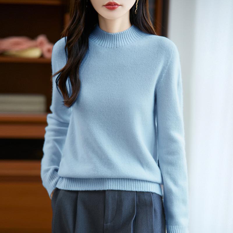 Women's 25% Pure Wool Seamless Half-High Collar Sweater - Autumn/Winter Warm Base Layer Knitwear