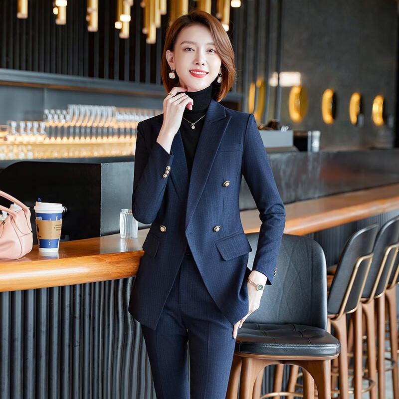 Teluoman Women's Navy Blue Buttoned Professional Suit Set