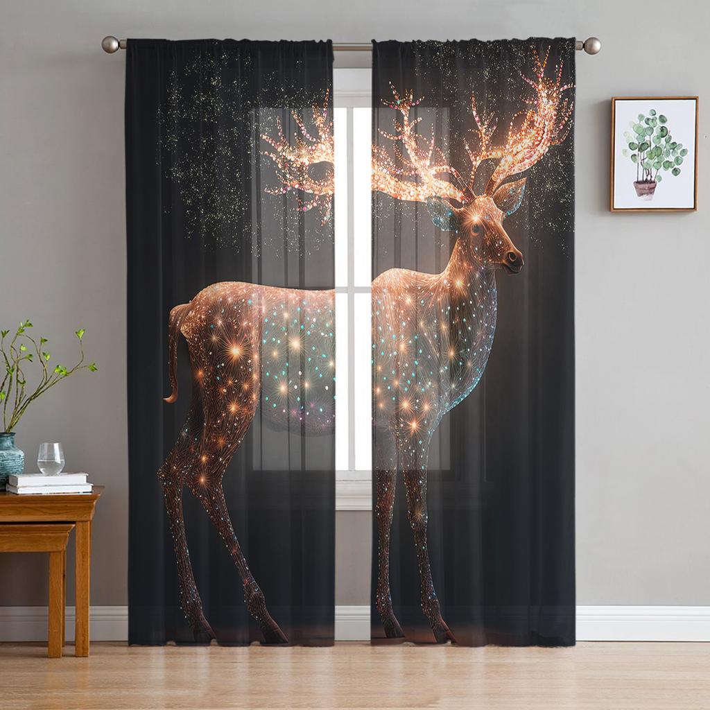 Deer In Autumn Misty Forest Sheer Curtains for Living Room Transparent Tulle Window Curtain Bedroom Kitchen Decor Veil Drapes